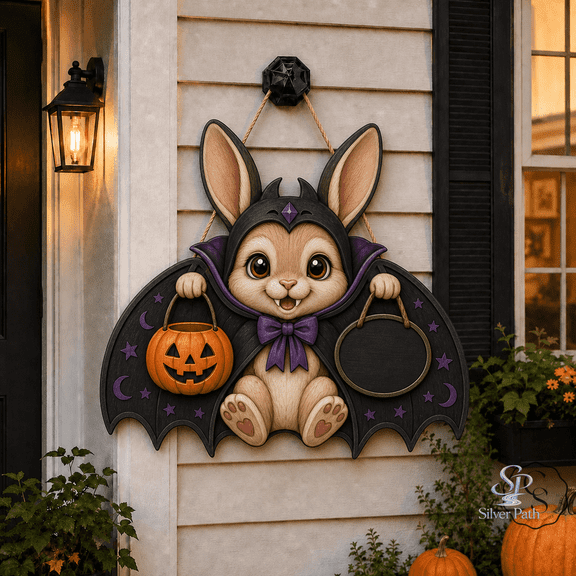 Door Hanger Vampire Rabbit Wooden Front Door Sign for Porch Halloween Decor