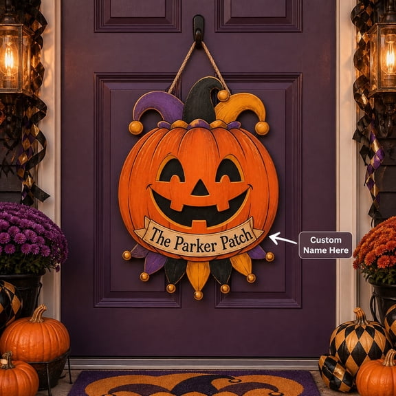 Door Hanger Vintage Halloween Pumpkin Jester Wood Welcome Sign for Front Door Halloween Party