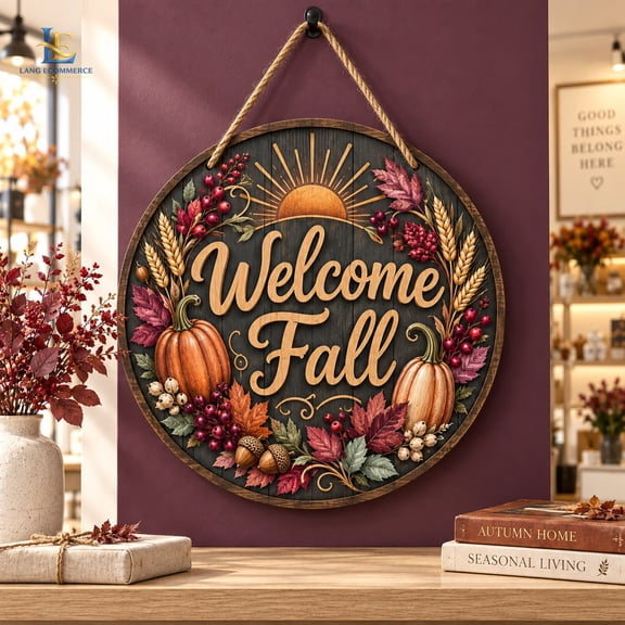 Door Hanger Welcome Fall Pumpkin Leaf Design Wooden Decor for Front Door Porch Autumn