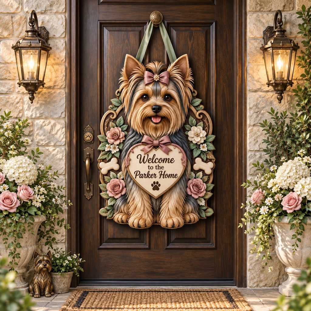 Door Hanger Yorkshire Terrier Floral Welcome Sign for Front Entry and ...