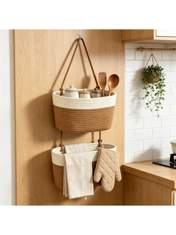 Over the Door Hanging Basket, 2 Tier Woven Cotton Rope Wall-Mounted Organizer with Loop, Rustic Decorative Hanging Storage Bin for Bathroom Kitchen Bedroom Pantry Living Room