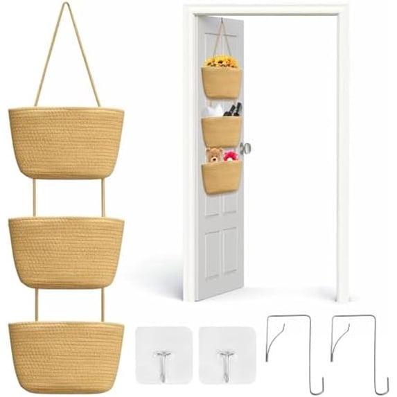 Over The Door Hanging Basket, 3 Tier Wall-Mounted Hanging Storage Basket with 4 Pcs Door Hook, Woven Cotton Rope Hanging Wall Basket Storage Decorative for Bedroom, Living Room, Kitchen(Jute)$$