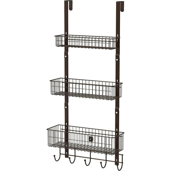 Over Door Hanging Basket Organizer, 3-Tier Heavy Duty Over Door Hanging Rack Pantry Organizer With 3 Metal Baskets And 5 Hooks For Kitchen, Bathroom, Bedroom, Living Room, Bronze