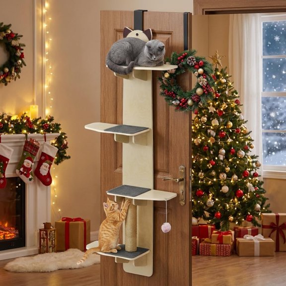 Door Hanging Cat Shelf, Over The Door Cat Tree, 4-Tier Climbing Tower Vertical Rack