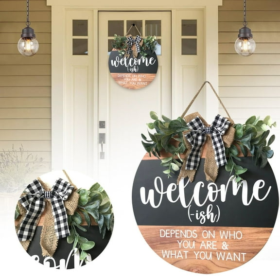 Door Hanging Decoration,Welcome Door Sign Round Welcome Sign For Front Door Welcome Wreath Sign Hanging Farmhouse Door Sign For Front Door Porch Decor With Buffalo Bow Beads For Home Decorati