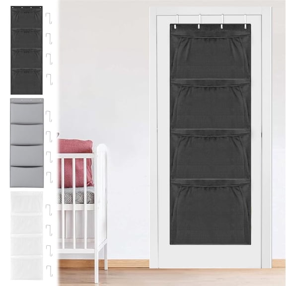 Over Door Hanging Organizer, 4 Large Mesh Pockets Storage, Oxford Cloth, Black/White/Gray, 65x24”, Easy Install, Closet Bathroom Dorm RV Use, Includes 4 Hooks