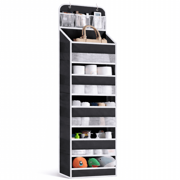 Over the Door Hanging Organizer, 6-Tier Heavy-Duty Fabric Storage Organizer with Mesh Pockets & Metal Hooks, Space-Saving Door Organizer for Bathroom, Bedroom, Closet & Nursery