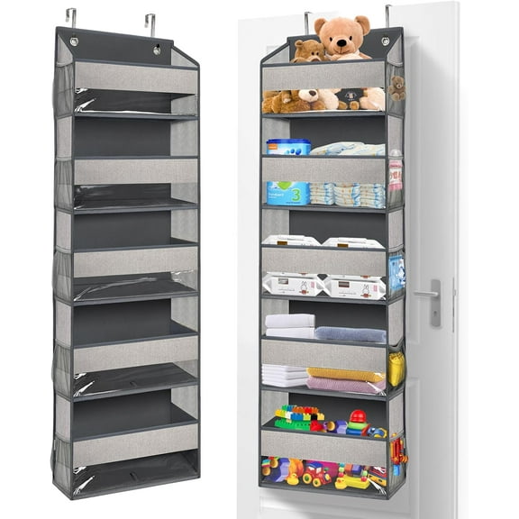 Over The Door Hanging Organizer, Sturdy Over The Door Storage Organizer with 5 Large Pocket & 10 Side Pockets for Closet, Pantry, Bathroom,Bedroom, Nursery, Dorm (Grey)
