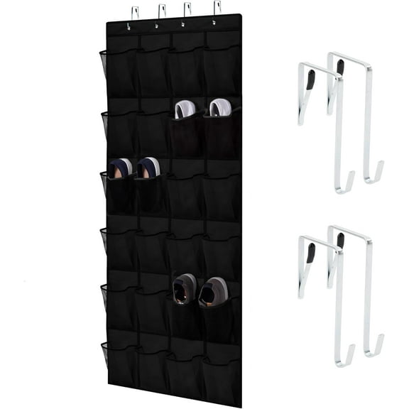 Over the Door Hanging Shoe Organizer, 24 Breathable Mesh Pockets, Closet Rack Storage Holder, Stay in Place Hooks Hang on Closets, Hanger Holds Up to 40 lbs for Shoes, Accessories, Black