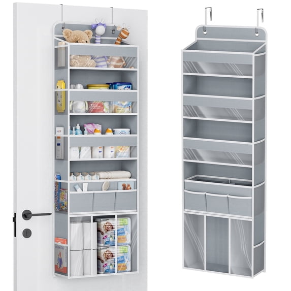 Over The Door Hanging Storage Organizer, 5 Tier Heavy-Duty Wardrobe Storage Organizer with Side Pockets, Foldable Behind Door Storage, Hanging Shelves for Bedroom, Bathroom and Baby Nursery, Grey