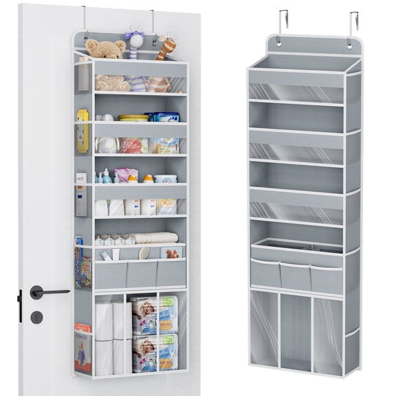 Over The Door Hanging Storage Organizer, 5 Tier Heavy-Duty Wardrobe Storage Organizer with Side Pockets, Foldable Behind Door Storage, Hanging Shelves for Bedroom, Bathroom and Baby Nursery, Grey