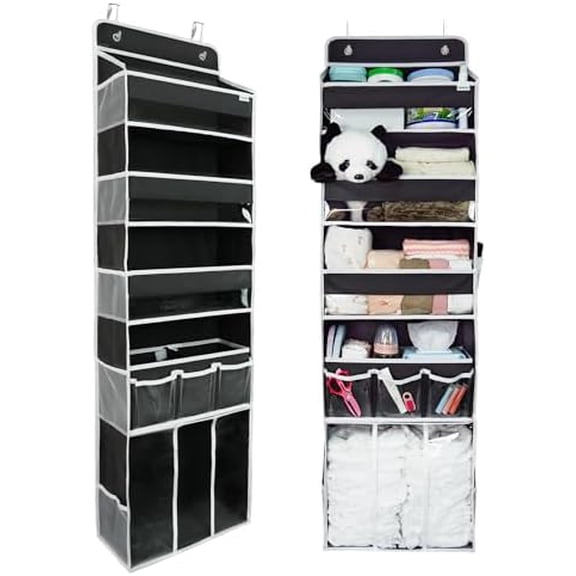 Door Hanging StorageOrganizer,with 3 Bins 1 Movable Baby Diaper Caddy,1 Large capacity diaper stacking storage Organizer,10 Side Pockets ,Bedroom Door Storage for Nursery Baby Essentials. (Dark grey)