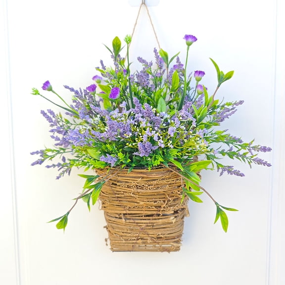 Door Hanging Wreath, Spring Summer Purple Berry Wildflower Basket, Wicker Rattan Floral Hanger, Rustic Home Decor for Front Door Wall Window Wedding Decoration