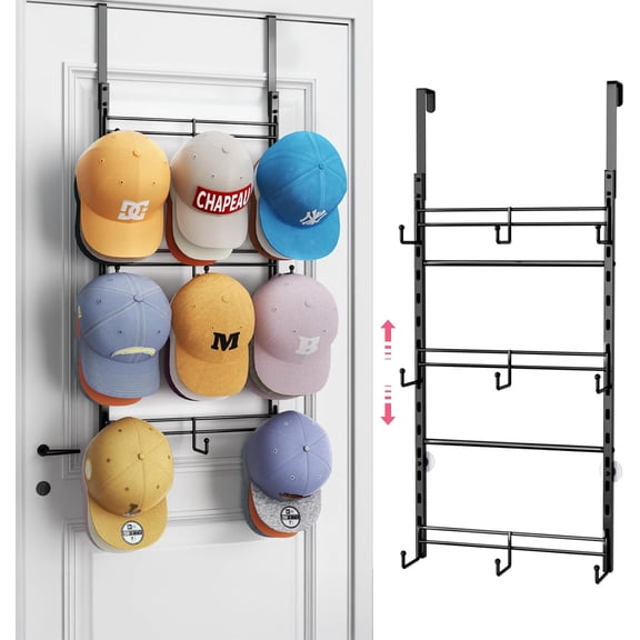 Over Door Hat Organizer - 3 Tier Metal Adjustable Wall Mounted Hat Rack with 9 Hooks Design, Hanging Baseball Cap Organizer Storage Holds up to 27 Caps for Door, Bedroom, Closet
