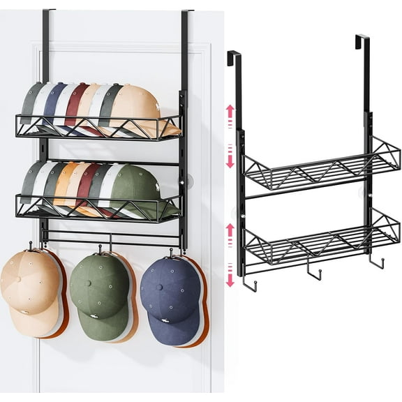 Over Door Hat Organizer - 3 Tier Wall Mounted Hat Rack with 2 Adjustable Metal Basket and 3 Hooks, Hanging Baseball Cap Organizer Storage Holds up to 29 Caps for Door, Bedroom, Closet