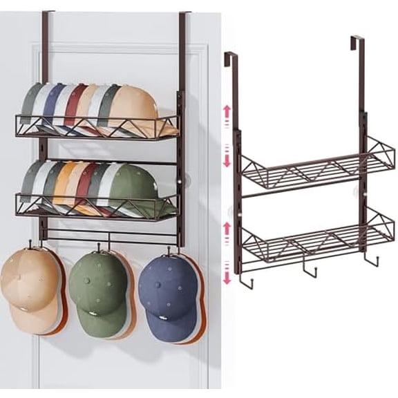 Over Door Hat Organizer - 3 Tier Wall Mounted Hat Rack with 2 Adjustable Metal Basket and 3 Hooks, Hanging Baseball Cap Organizer Storage Holds up to 29 Caps for Door, Bedroom, Closet