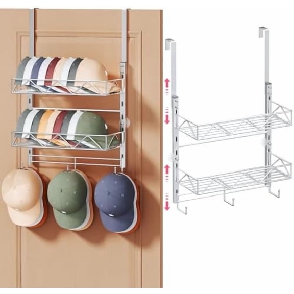 Over Door Hat Organizer - 3 Tier Wall Mounted Hat Rack with 2 Adjustable Metal Basket and 3 Hooks, Hanging Baseball Cap Organizer Storage Holds up to 29 Caps for Door, Bedroom, Closet
