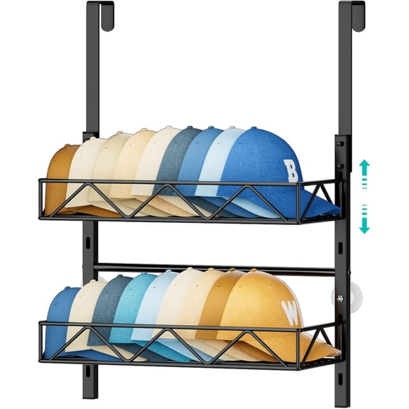 Over Door Hat Organizer - Wall Mounted Hat Rack with Adjustable Metal Basket, Baseball Caps Organizer Storage Holds up to Caps for Door, Bedroom, Closet ()