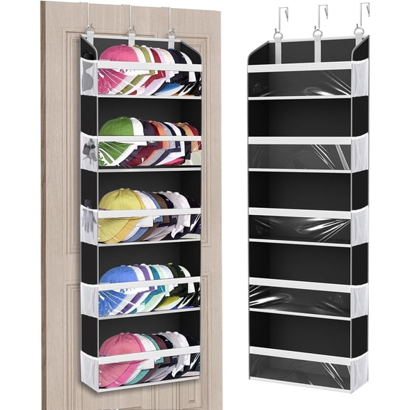 Over the Door Hat Organizer for Baseball Caps, Hold up to 60 Hats Rack Storage for Door/Closet/Wall, Clear Pockets Hat Holder for Baseball Caps with 10 Mesh Pockets, Grey