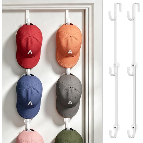 Over Door Hat Rack,2 Pack Organizer with 6 Hooks and 4 Anti-Shake Adhesive Pads,Baseball Holds Up to 30 Hats, Storage for Door, Bedroom,Closet White