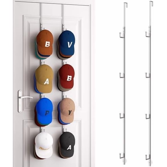 Over Door Hat Rack - 2 Packs Hat Organizer with 8 Hooks Design, Hanging Baseball Cap Organizer Storage Holds Up to 40 Caps for Door, Bedroom, Closet (Sliver)