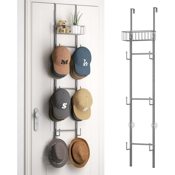Over Door Hat Rack - 2 Packs Wall Mounted Hat Holder with 6 Hooks and Metal Basket Design, Baseball Cap Organizer Storage Up to 32 Caps for Door, Bedroom, Closet (Grey)