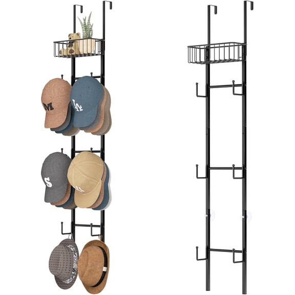 Over Door Hat Rack - 2 Packs Wall Mounted Holder with 6 Hooks and Metal Basket Design, Baseball Cap Organizer Storage Up to 32 Caps for Door, Bedroom, Closet, Black