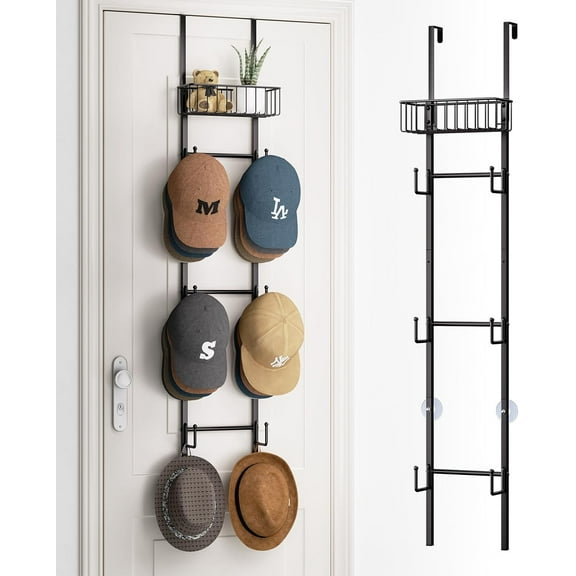 HapiRm Over Door Hat Rack - Wall Mounted Organizer with 6 Hooks and Metal Basket Design, Baseball Cap Storage Holder Up to 32 Caps for Door, Bedroom, Closet (Black)