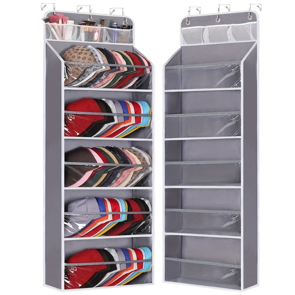 Over Door Hat Racks for Baseball Caps, Stuffed Animal Storage, Clear Deep Pockets Hat Organizer for Closet or Wall Hold 60 Hats Storage Holder with 3 Hooks Caps Display (Grey)