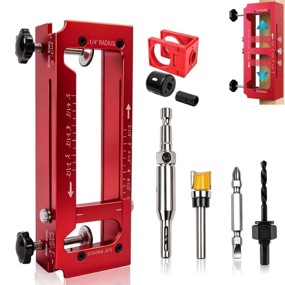 Door Hinge Jig, Adjustable Aluminum Alloy Router Template for 2.5" to 5" Hinges, Fits Square, 1/4" & 5/8" Radius Hinges, Door Lock Hole Saw Guide Kit