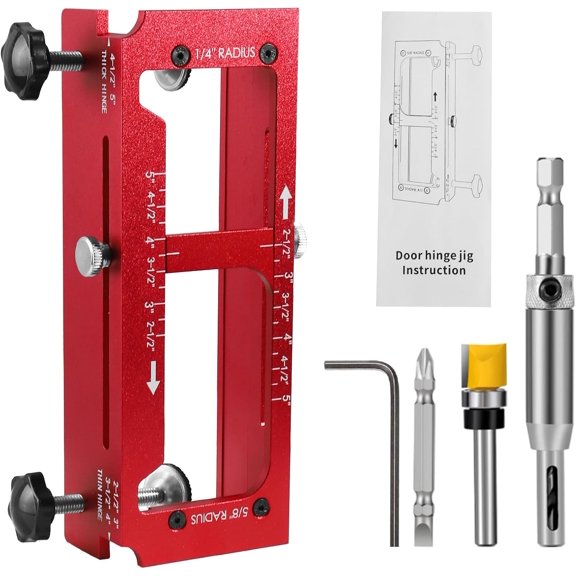 Door Hinge Jig, Aluminum Alloy Door Hinge Template Kit for Router, Adjustable Mortise Fits Door Hinges 2.5" to 5" Length & 1-3/4" Door Thickness, 1/4" R, 5/8" R & Square Corner