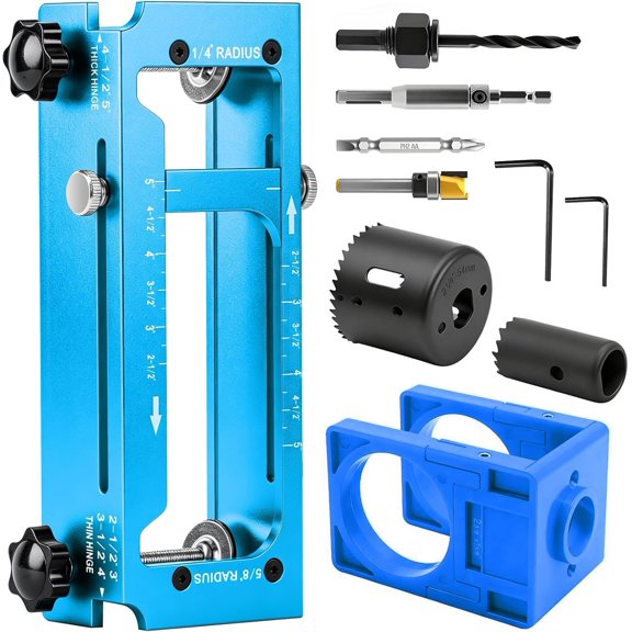 Door Hinge Jig & Door Lock Installation Kit, Alloy Router Templates 1/4" 5/8" Radius & Square, Adjustable Hinge Mortises 2-1/2" to 5" Length, for /8" /4" Thick Doors with Door Lock Kit
