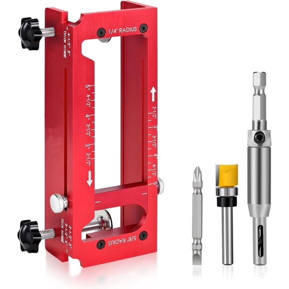 Door Hinge Mortising Jig for Router, Aluminum Alloy Hinge Template Kit with Depth Gauge, Fits Hinges 2.5" to 5" for 1-3/4" Doors, Includes Self-Centering Bit & Screwdriver - Red
