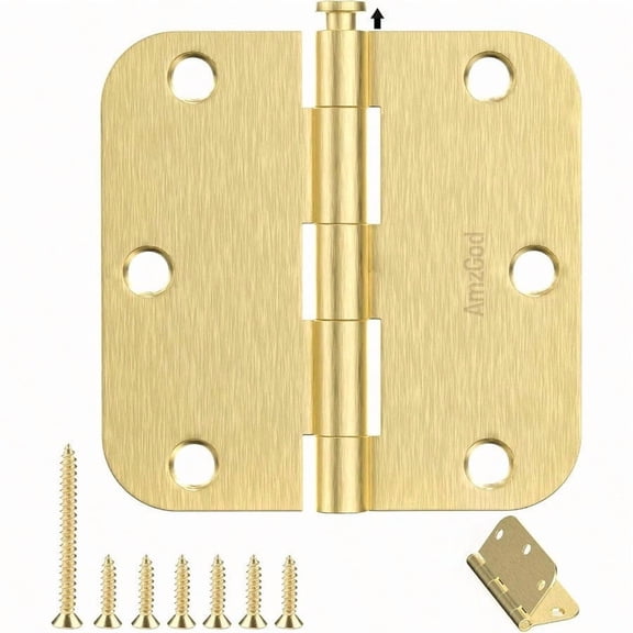 Door Hinges Satin Brass - 30 Pack Gold Door Hinges 3.5 Inch Rounded Interior Door Hinge with 5/8 Radius - 3 1/2 Inches Flat Iron Brass Hinges for Residential Standard Doors