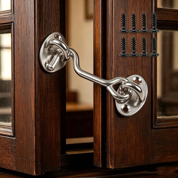 Door Hook Lock Hook & Eye Lock For Barn Sliding Doors & Windows Heavy Duty Steel & Stainless Steel Door Lock With Pre-Installed Screws, Rust Resistant For Kitchen Cabinets Windows, Gates