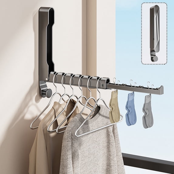 Door Hook Rack,Foldable Clothes Hanger,Home Storage Organizer,Retractable With Sock Clips Drying Rod,Multi-functional Door-Mounted Rack