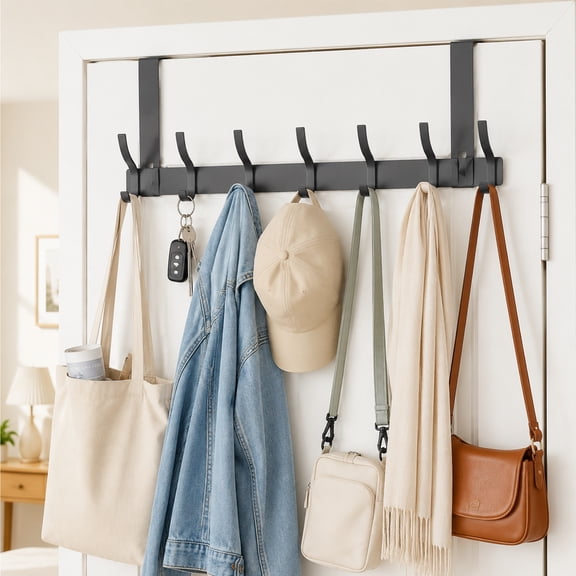 Over The Door Hooks, BUSATIA Door Hanger Hooks for Hanging, Over The Door Towel Racks for Bathroom with 14 Coat Hooks, Over The Door Hanger for Coats and Towels, Gray