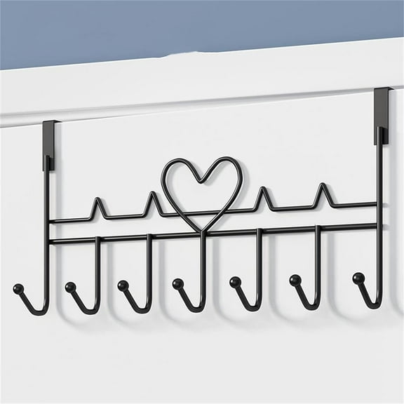 Over The Door Hooks, Over The Door Hanger for Hanging, Over Door Towel Rack Coat Rack Hanger Hooks for Clothing, Black Metal Hanging Organizer with 7 Hooks for Clothes Coat Hat Towel Key,1 Pack
