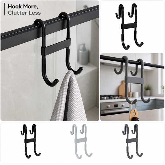 Over The Door Hooks, Over The Door Hooks for Hanging, No Drill Hooks for Hanging, Black Hooks for Hanging, 2 Pack 4X2X1 Inch Matte Black No-Drill Dual J-Hook Set for Closet,