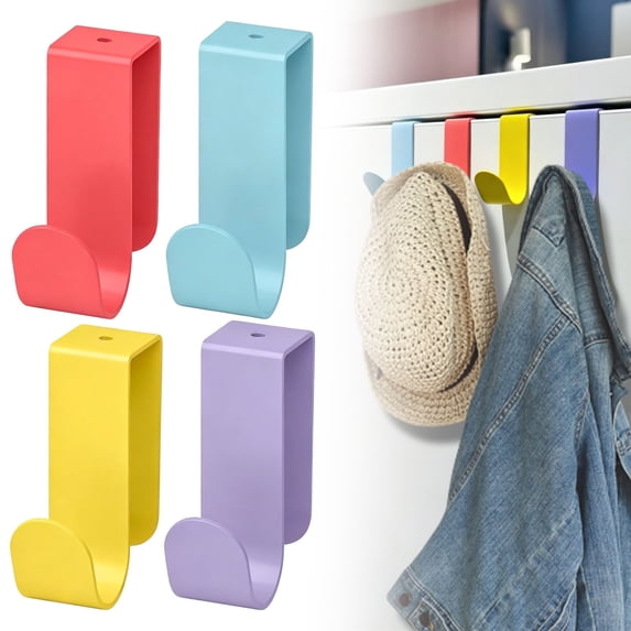 Over The Door Hooks No Drill (4 Pack) - Stainless Steel Door Back Hangers, Multicolor Hanging Organizer for Hats, Towels & Bags, Fits Most Cabinet & Closet Doors