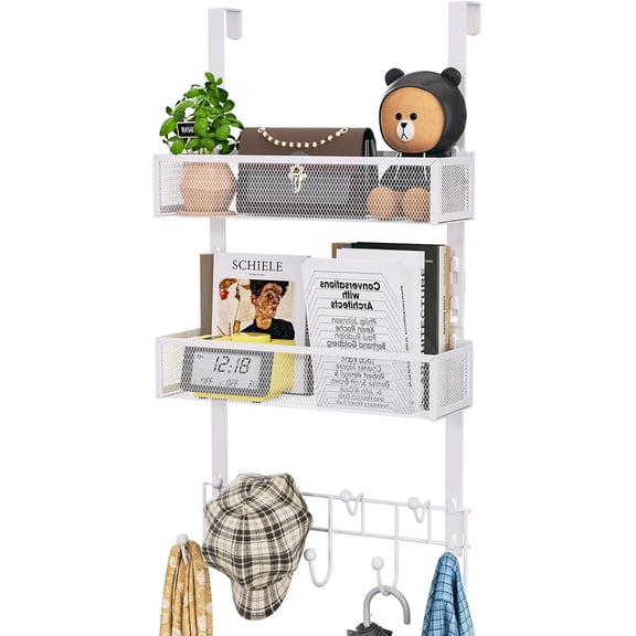 Over The Door Hooks - Easy Installation Door Hanger with Basket and 16 Hooks, 304 Stainless Steel Storage Organizer for Towels, Coats, Bathroom, Kitchen, Dorm - Black