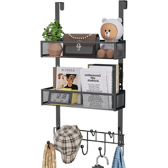 Over The Door Hooks - Easy Installation Door Hanger with Basket and 16 Hooks, 304 Stainless Steel Storage Organizer for Towels, Coats, Bathroom, Kitchen, Dorm - Black