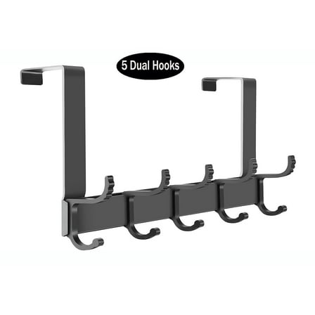 Over The Door Hooks for Hanging,Heavy Duty Hanger Holder for Hanging with 5 Dual Hooks,Over The Door Hanger Hook, Black Over the Door Towel Rack Fits 1-3/4" Thick Door