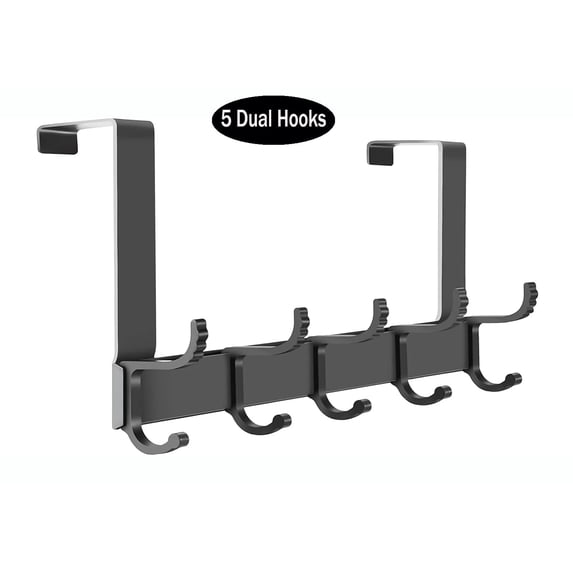 Over The Door Hooks,Over The Door Hanger, Dinosam Movable Metal Door Towel Rack with 5 Dual Coat Hangers,Black,Fits 1-3/4" Thick