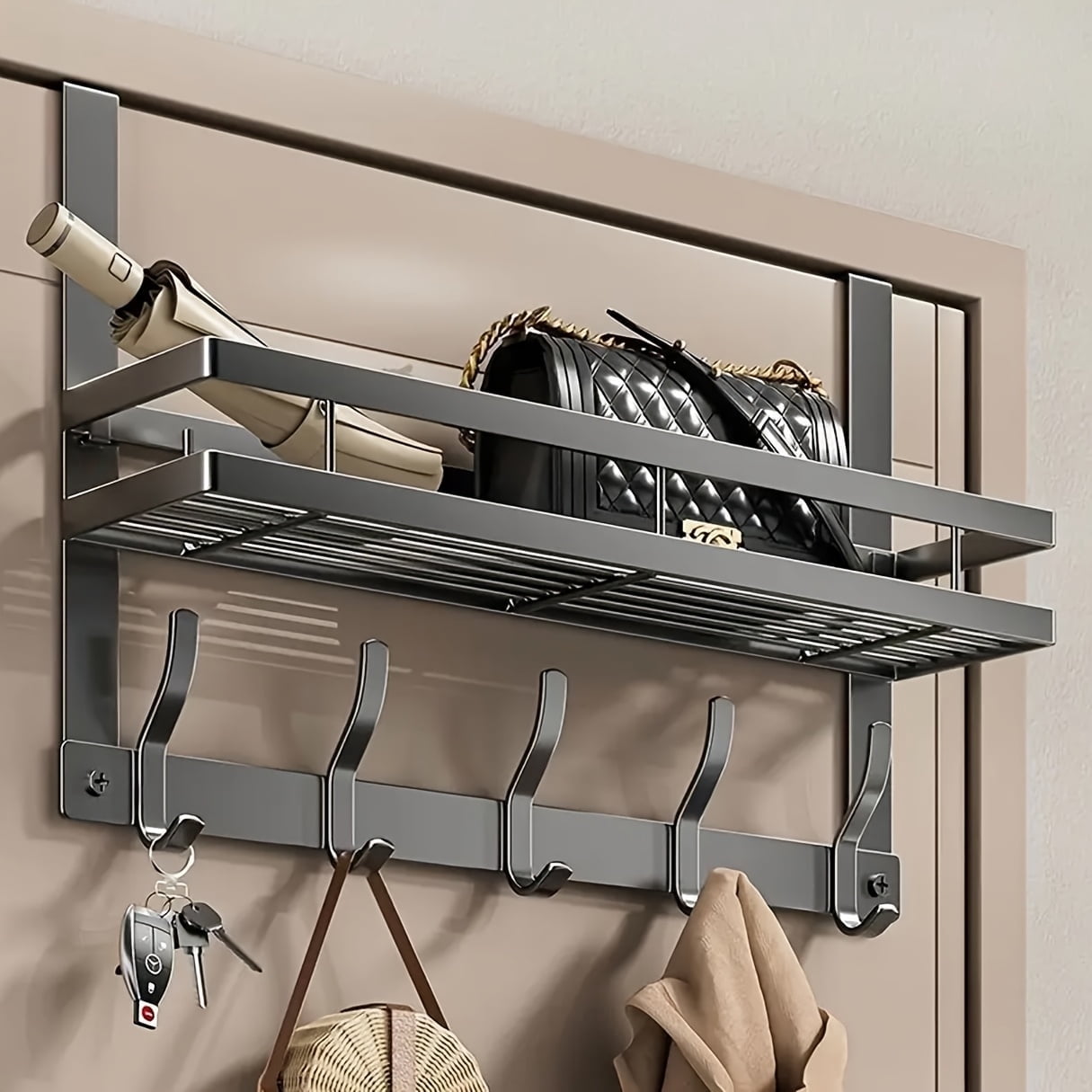 Over The Door Hooks Organizer, Coat Rack Over The Door Storage Hanger Towel Rack with Mesh Baskets and 5 Hooks, Back of Door Storage Organizer for Bathroom, Bedroom, Kitchen, Office (Grey)