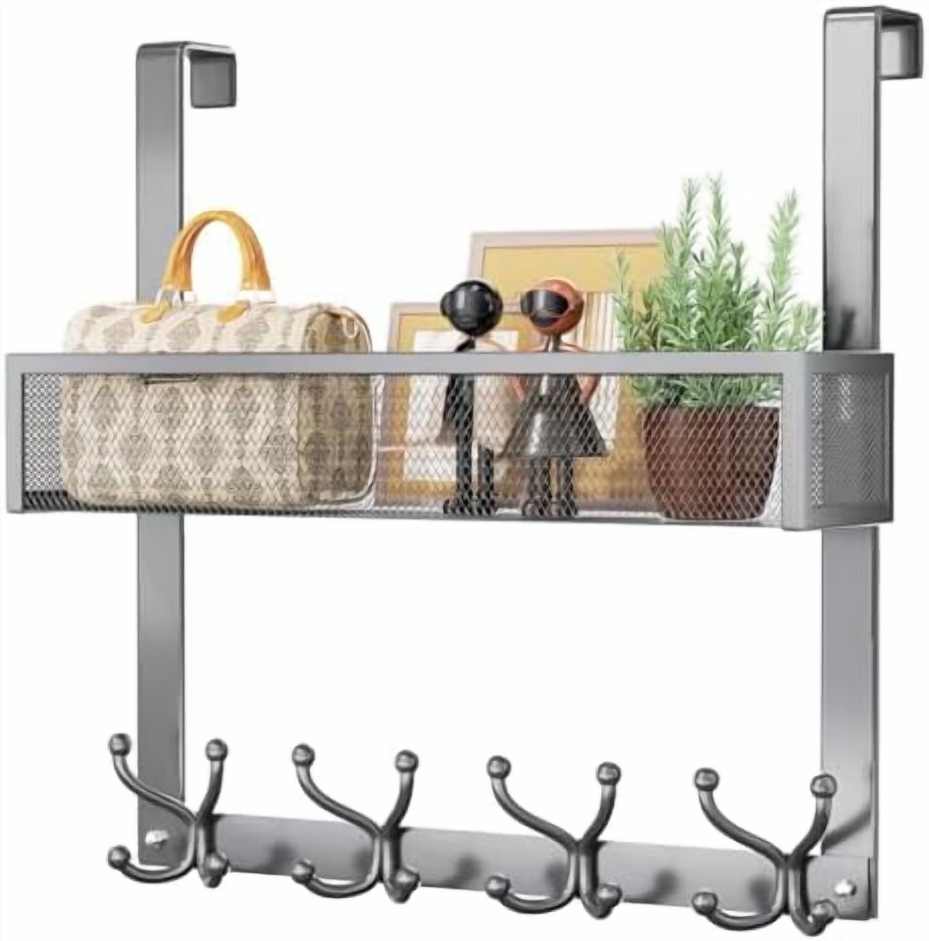 Wolpin Over The Door Hook Rack - 6 Hook Wall Organizer, No Drill Needed, Black