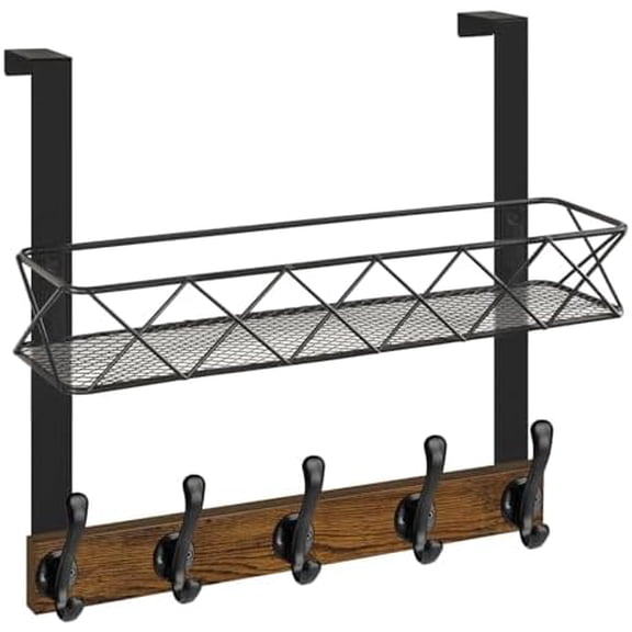 Over The Door Hooks Organizer, Over The Door Hanger with Basket, Over The Door Towel Rack with 5 Metal Hooks, Over Door Hanger for Bathroom, Bedroom, Kitchen