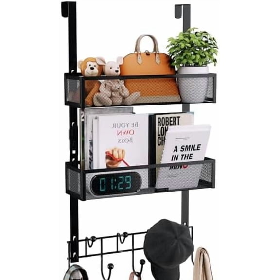 Over The Door Hooks Organizer - Extra Long Door Hanger with 9 Coat Hooks & 2 Mesh Basket, Back Storage Organizer Hanging Towels for Bathroom, Bedroom, Black (for 1.76 in Doors)