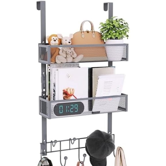 Over The Door Hooks Organizer - Extra Long Door Hanger with 9 Coat Hooks & 2 Mesh Basket, Back Storage Organizer Hanging Towels for Bathroom, Bedroom - Grey (for 1.76 in Doors)