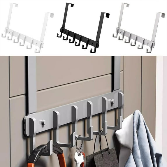 Over The Door Hooks Organizer Rack | 6 Heavy Duty Aluminum Cloak Hooks | Fits 1.37-1.9 Inch Doors | Space Saving, No Drill | Black, White, Grey | Scratch Resistant Bathroom Towel, Hat, Coat Hanger